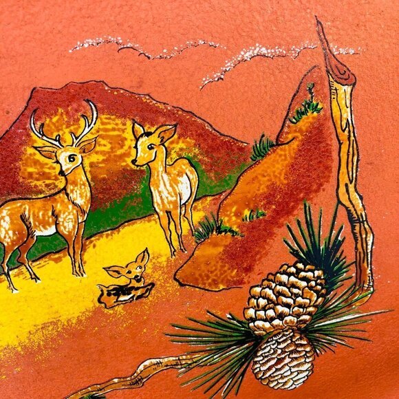 60s Fiberware Serving Tray Hand Painted Woodland Mountain Scene Deer Family - Picture 3 of 10